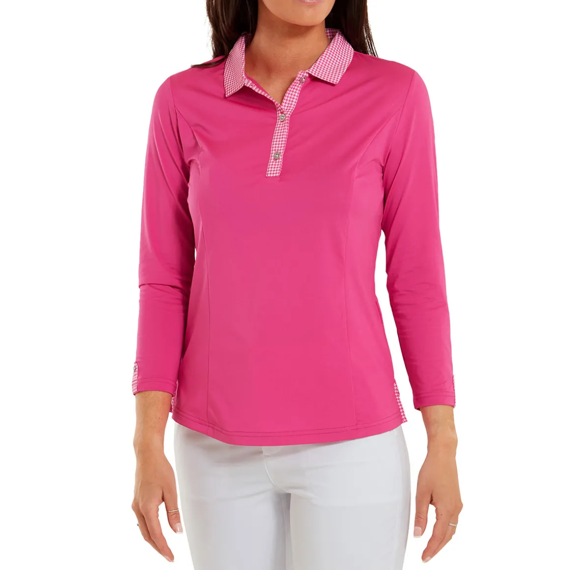 footjoy_ladies_houndstoot_5.webp FootJoy Ladies Houndstooth Trim 3/4 Sleeve Lisle Golf Polo Shirt